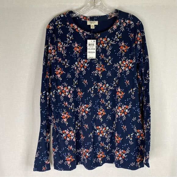 Style & Co Top Women’s Blue Floral Long Sleeve Henley Casual Crew Neck XXL - Picture 2 of 10